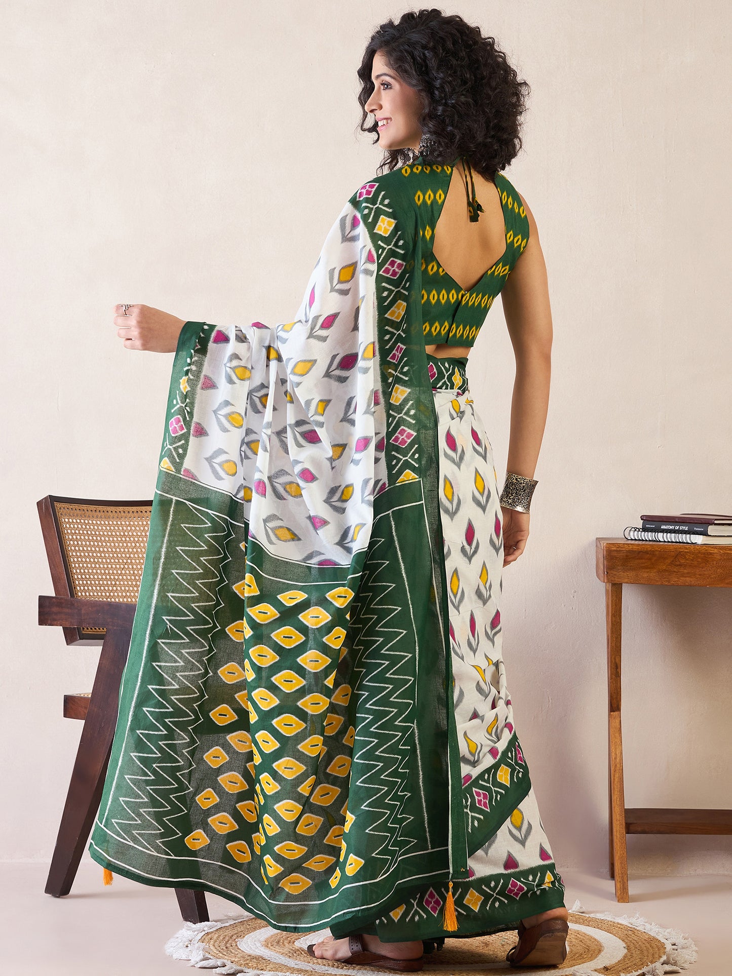 Women's Cotton White Printed Ready to Wear With Blouse Piece