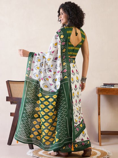 Women's Cotton White Printed Ready to Wear With Blouse Piece