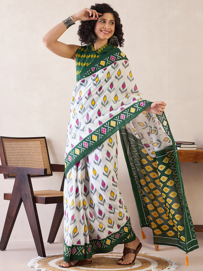 Women's Cotton White Printed Ready to Wear With Blouse Piece