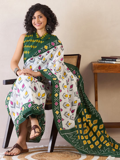Women's Cotton White Printed Ready to Wear With Blouse Piece