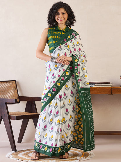 Women's Cotton White Printed Ready to Wear With Blouse Piece