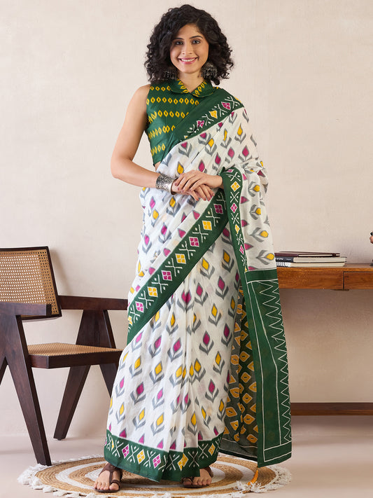 Women's Cotton White Printed Ready to Wear With Blouse Piece
