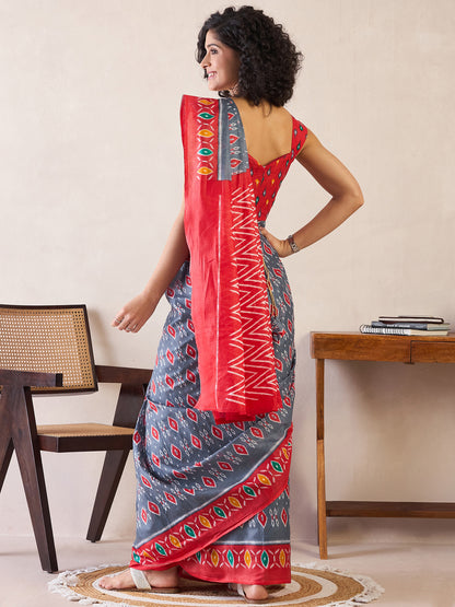 Women's Cotton Grey Printed Ready to Wear With Blouse Piece