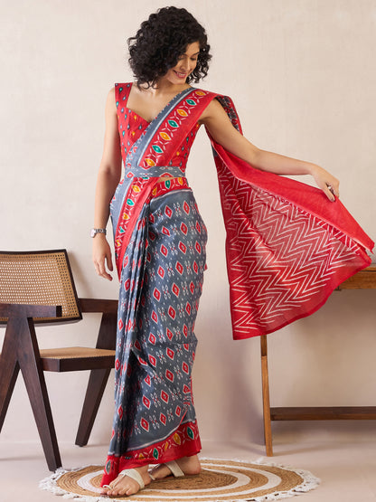 Women's Cotton Grey Printed Ready to Wear With Blouse Piece
