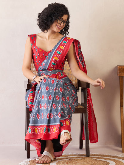 Women's Cotton Grey Printed Ready to Wear With Blouse Piece