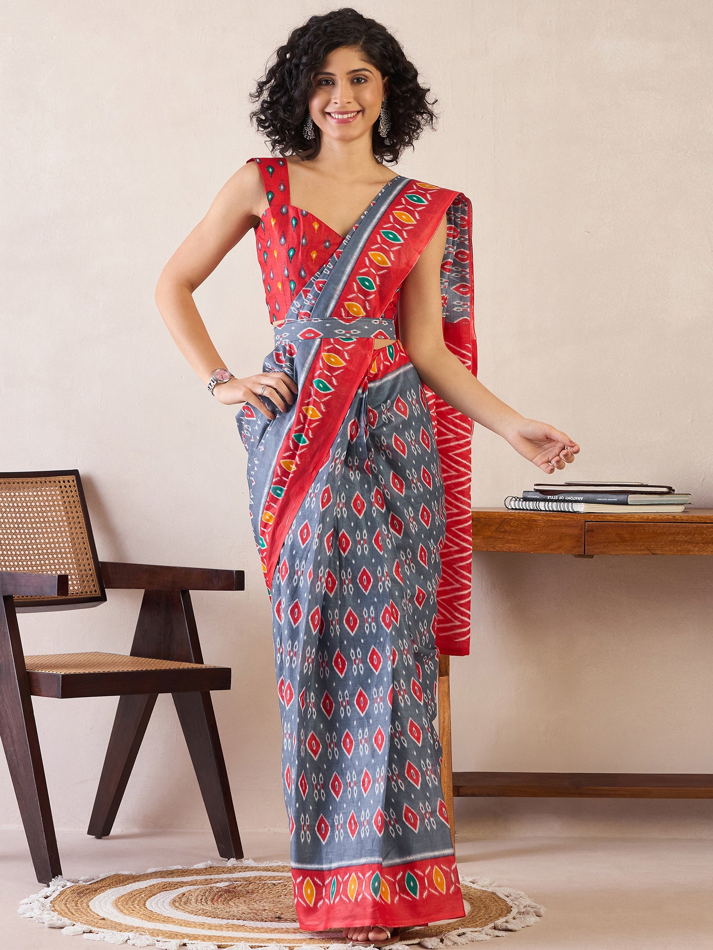 Women's Cotton Grey Printed Ready to Wear With Blouse Piece