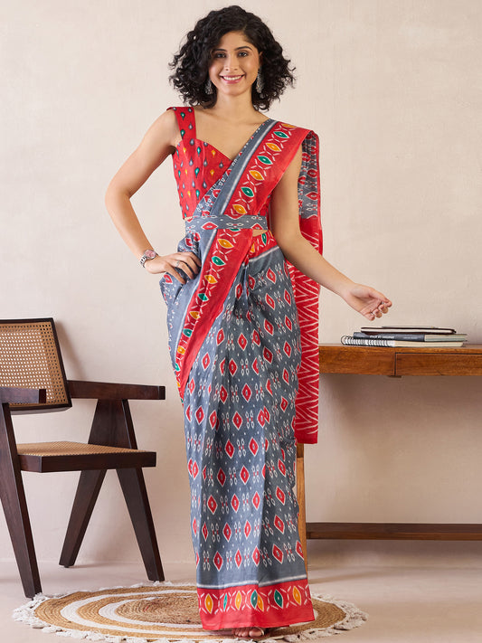 Women's Cotton Grey Printed Ready to Wear With Blouse Piece