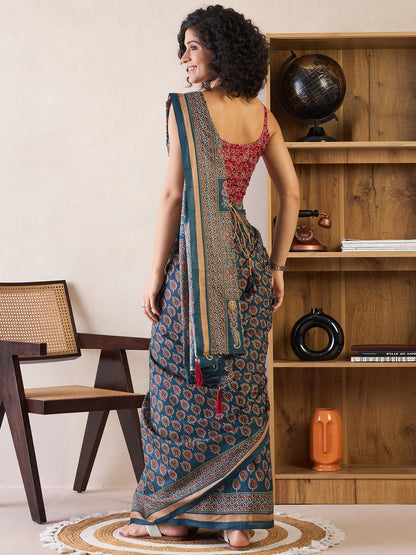 Women's Cotton Teal blue Printed Ready to Wear With Blouse Piece