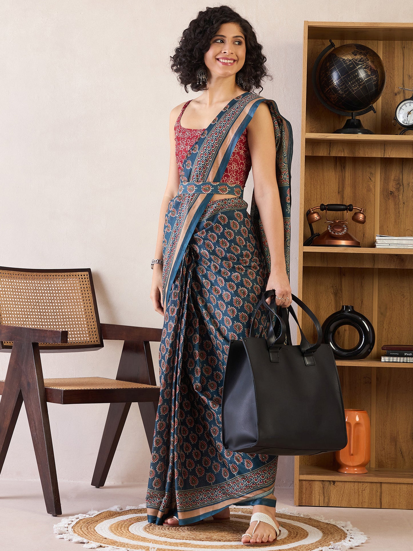 Women's Cotton Teal blue Printed Ready to Wear With Blouse Piece