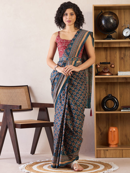 Women's Cotton Teal blue Printed Ready to Wear With Blouse Piece
