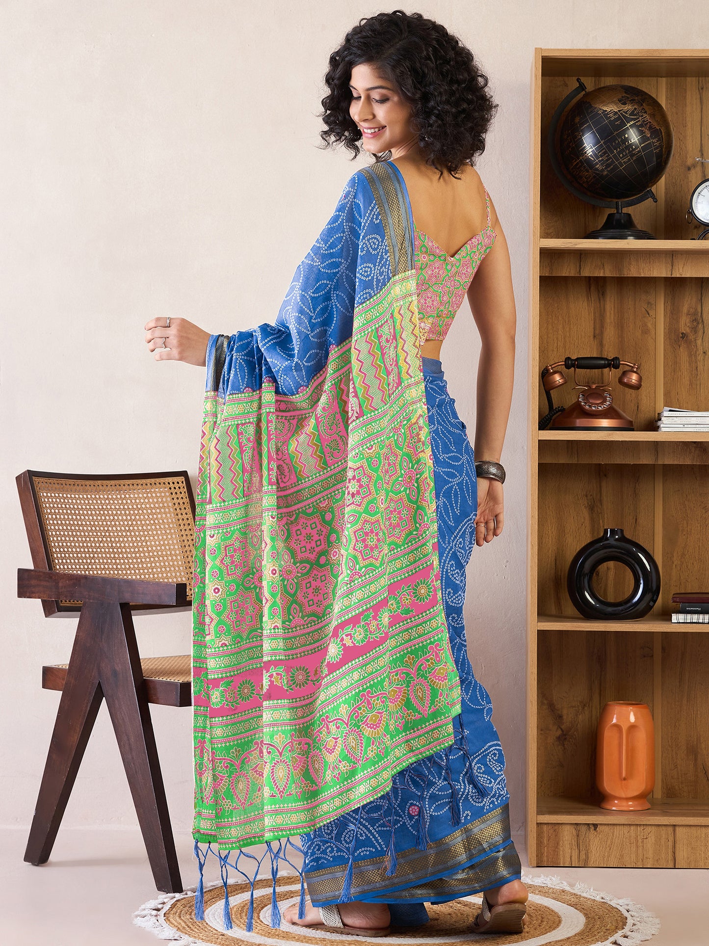 Women's Cotton Blue Printed Ready to Wear With Blouse Piece