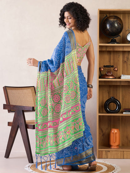 Women's Cotton Blue Printed Ready to Wear With Blouse Piece