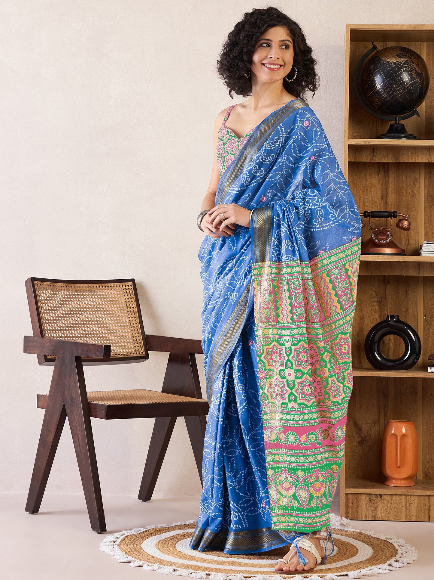 Women's Cotton Blue Printed Ready to Wear With Blouse Piece