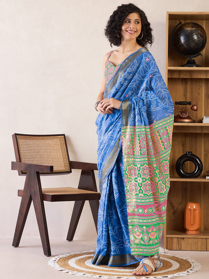 Women's Cotton Blue Printed Ready to Wear With Blouse Piece