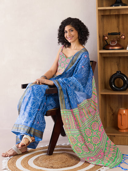 Women's Cotton Blue Printed Ready to Wear With Blouse Piece
