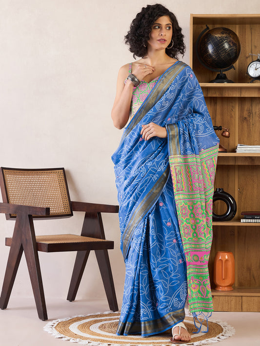Women's Cotton Blue Printed Ready to Wear With Blouse Piece