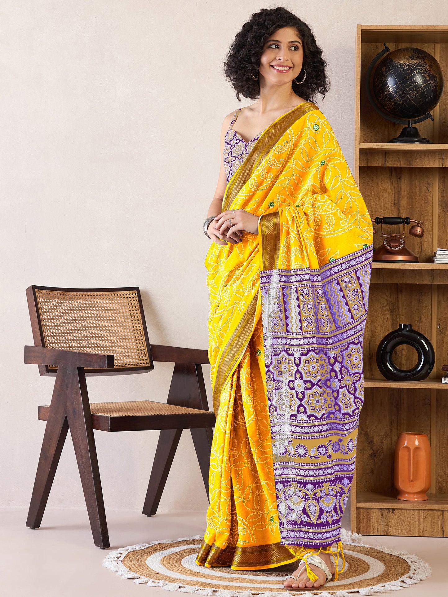 Women's Cotton Yellow Printed Ready to Wear With Blouse Piece