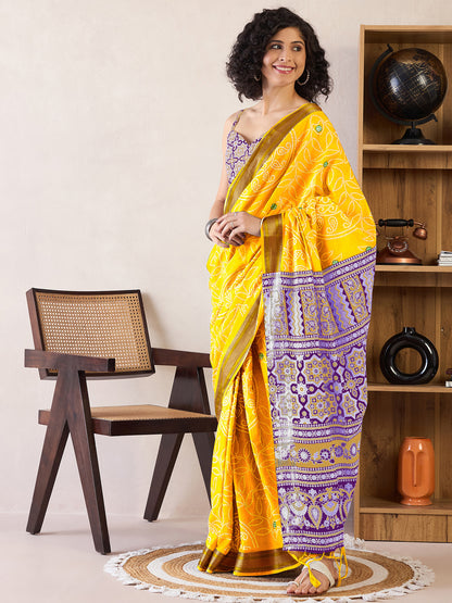 Women's Cotton Yellow Printed Ready to Wear With Blouse Piece