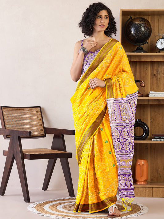 Women's Cotton Yellow Printed Ready to Wear With Blouse Piece