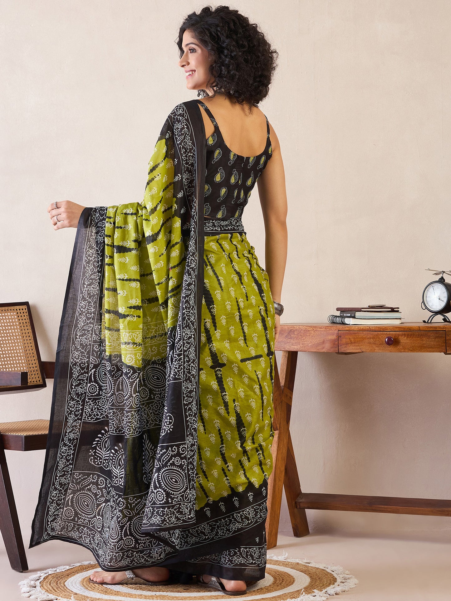 Women's Cotton Olive Printed Ready to Wear With Blouse Piece
