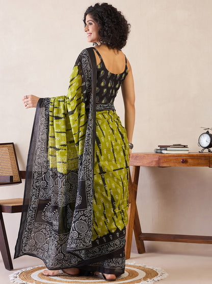 Women's Cotton Olive Printed Ready to Wear With Blouse Piece