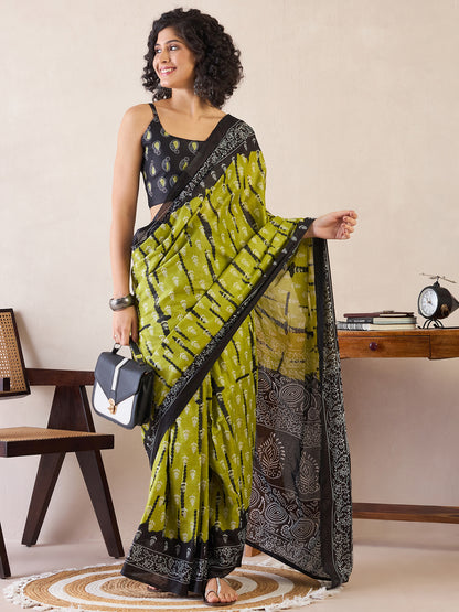 Women's Cotton Olive Printed Ready to Wear With Blouse Piece