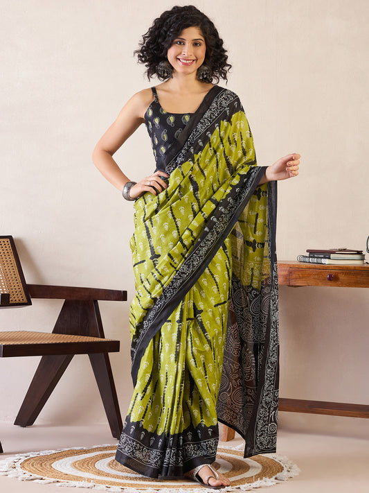 Women's Cotton Olive Printed Ready to Wear With Blouse Piece