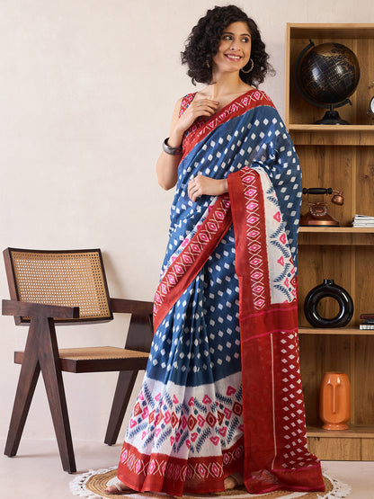 Women's Cotton Navy Blue Printed Ready to Wear With Blouse Piece