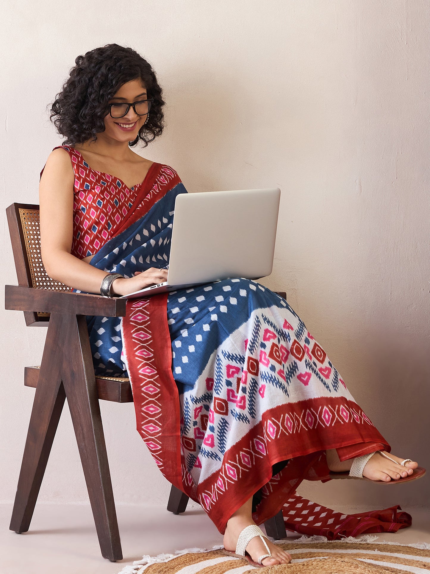 Women's Cotton Navy Blue Printed Ready to Wear With Blouse Piece