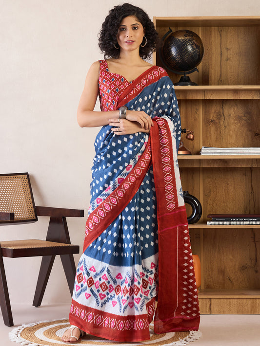 Women's Cotton Navy Blue Printed Ready to Wear With Blouse Piece
