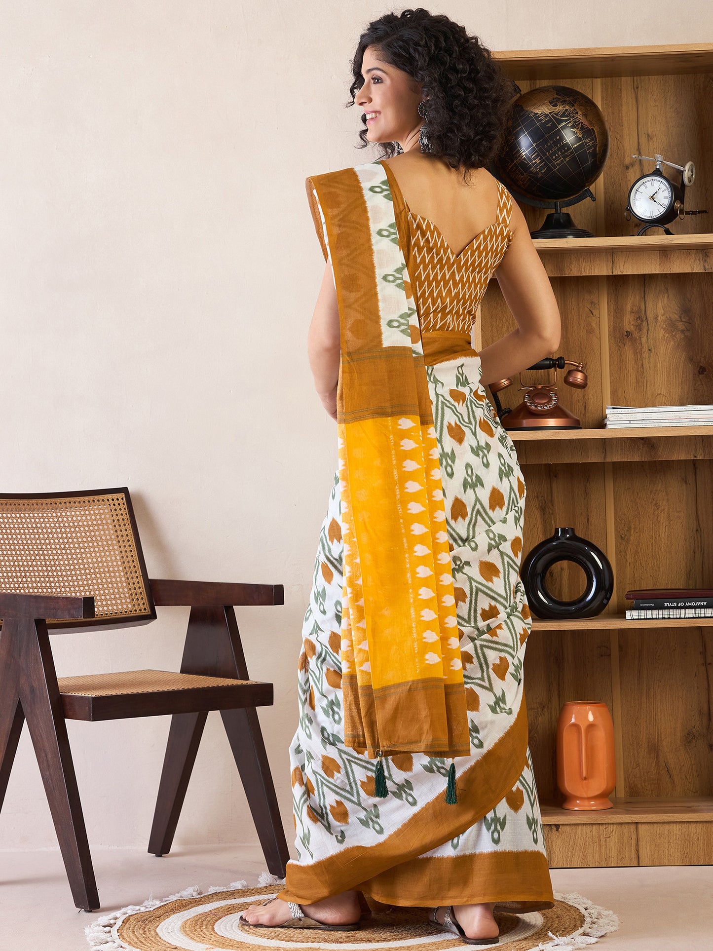 Women's Cotton White Printed Ready to Wear With Blouse Piece