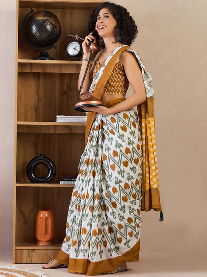 Women's Cotton White Printed Ready to Wear With Blouse Piece