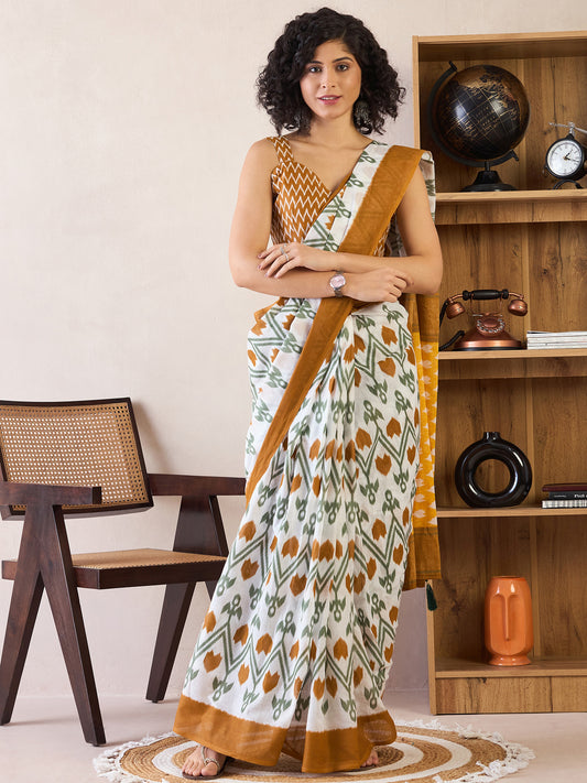 Women's Cotton White Printed Ready to Wear With Blouse Piece