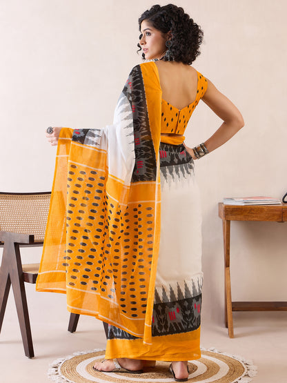 Women's Cotton White Printed Ready to Wear With Blouse Piece