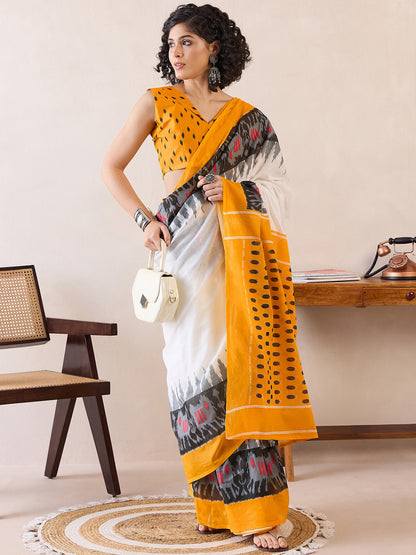 Women's Cotton White Printed Ready to Wear With Blouse Piece