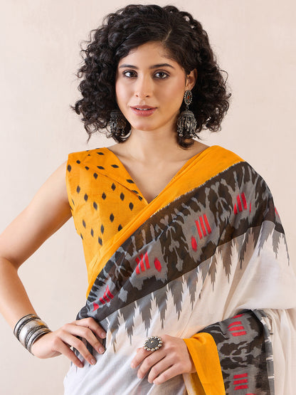 Women's Cotton White Printed Ready to Wear With Blouse Piece