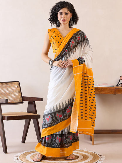 Women's Cotton White Printed Ready to Wear With Blouse Piece