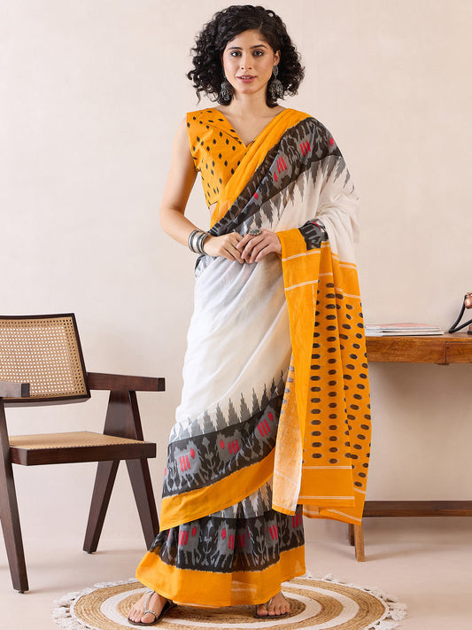 Women's Cotton White Printed Ready to Wear With Blouse Piece