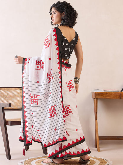 Women's Cotton White Printed Ready to Wear With Blouse Piece