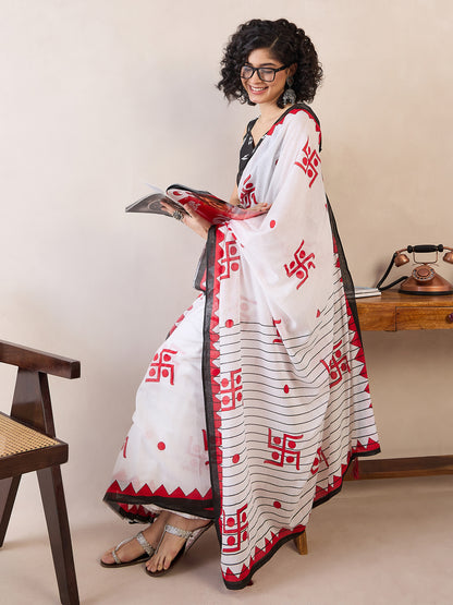 Women's Cotton White Printed Ready to Wear With Blouse Piece