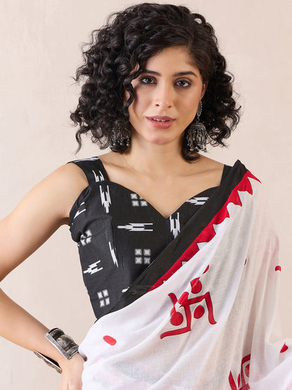 Women's Cotton White Printed Ready to Wear With Blouse Piece