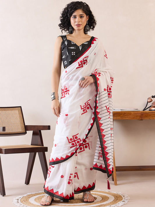 Women's Cotton White Printed Ready to Wear With Blouse Piece