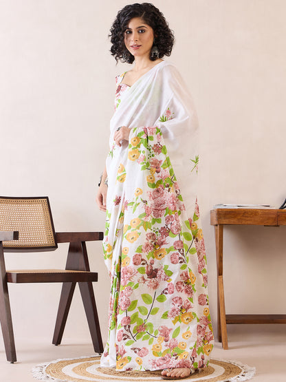 Women's Cotton White Printed Ready to Wear With Blouse Piece
