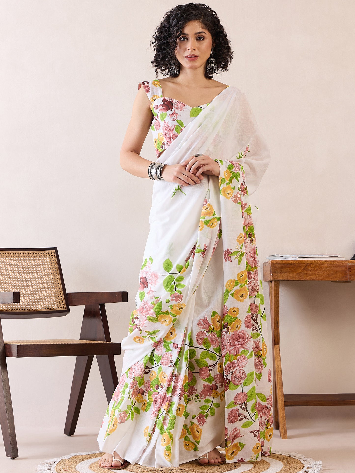 Women's Cotton White Printed Ready to Wear With Blouse Piece