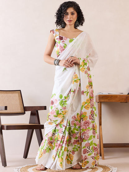 Women's Cotton White Printed Ready to Wear With Blouse Piece