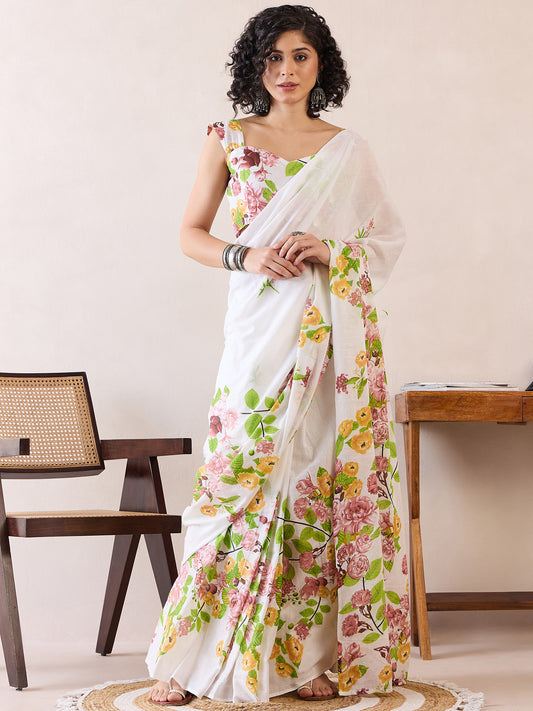 Women's Cotton White Printed Ready to Wear With Blouse Piece