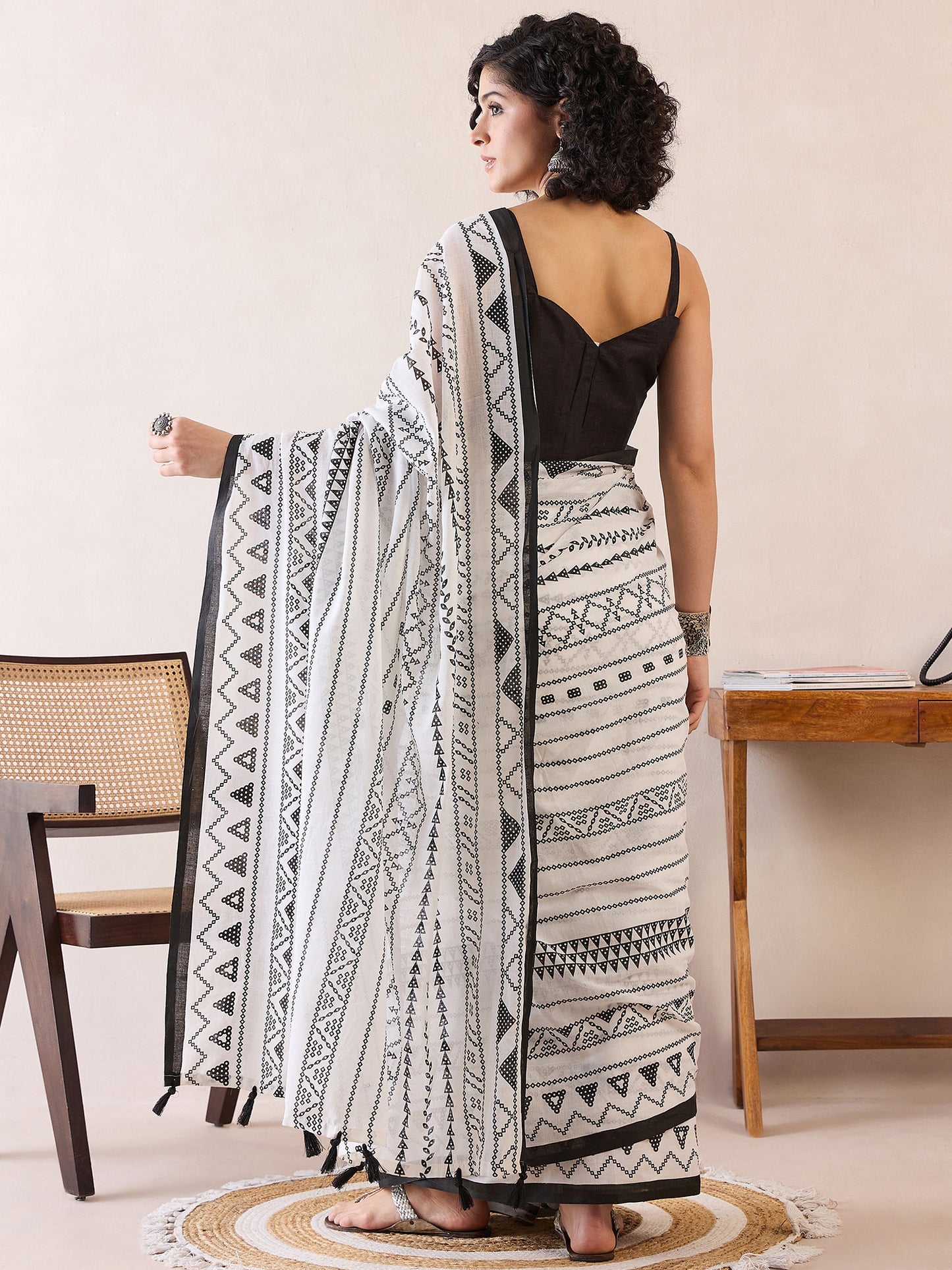 Women's Cotton White Printed Ready to Wear With Blouse Piece