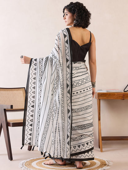 Women's Cotton White Printed Ready to Wear With Blouse Piece