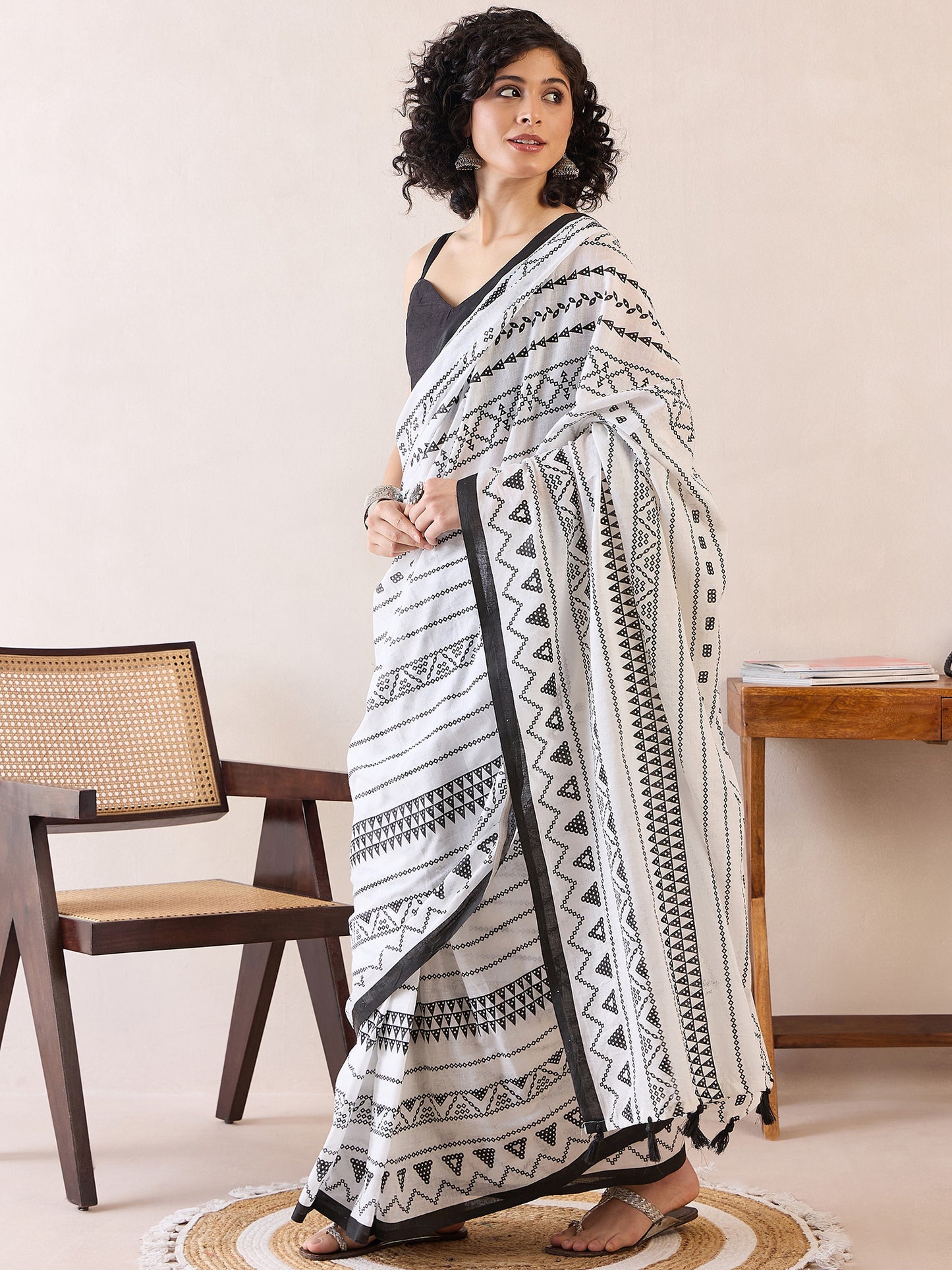 Women's Cotton White Printed Ready to Wear With Blouse Piece