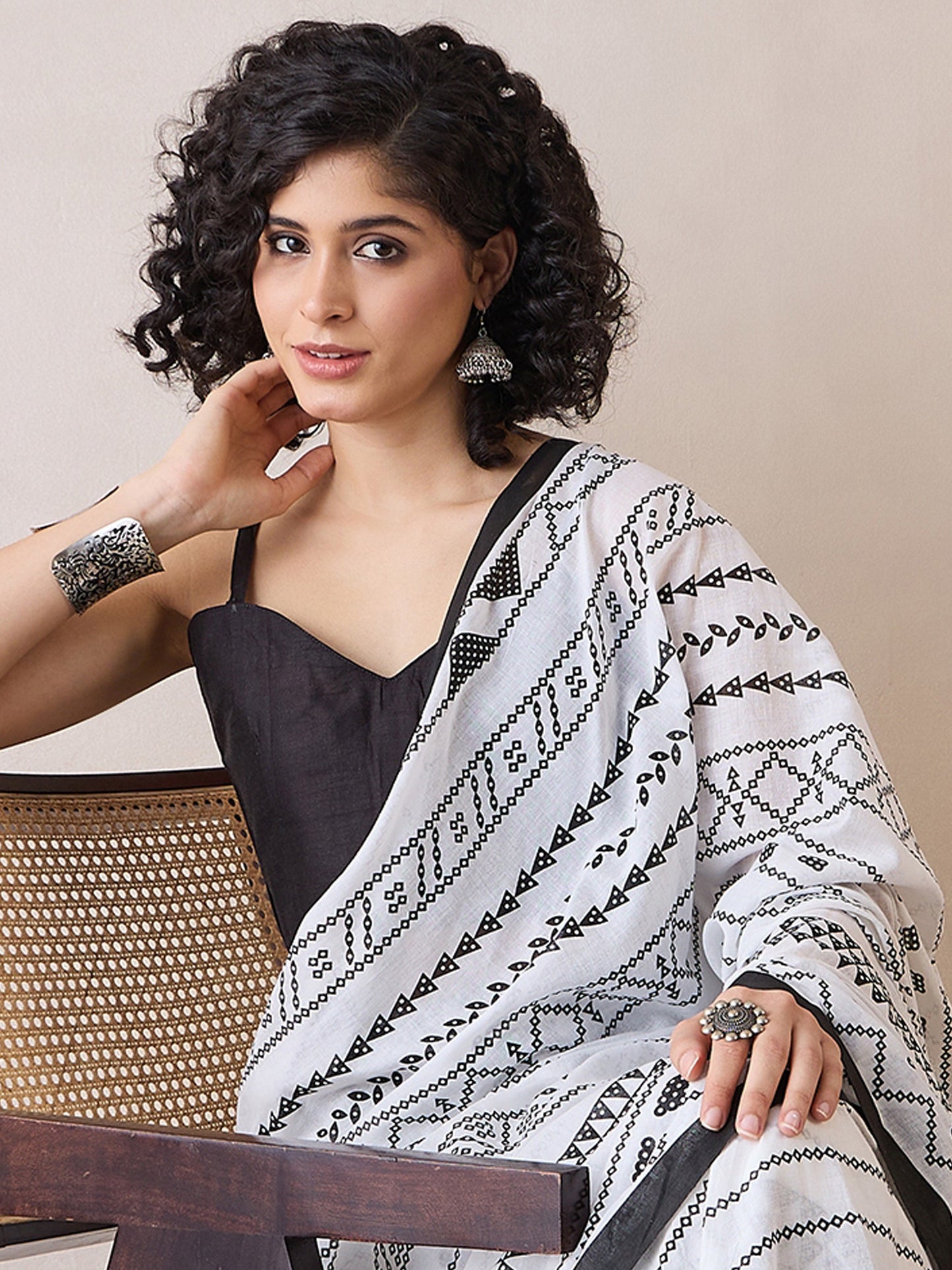 Women's Cotton White Printed Ready to Wear With Blouse Piece
